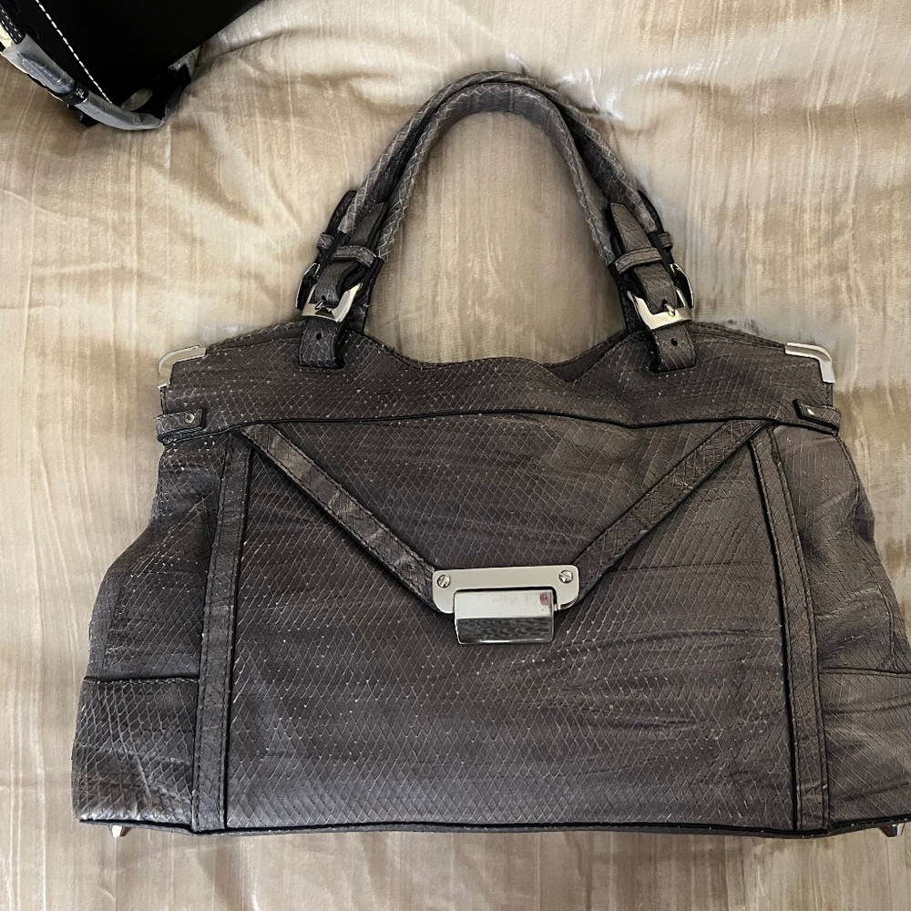 Kooba Kiley Python Embossed Leather Slouchy Satchel Bag Grey